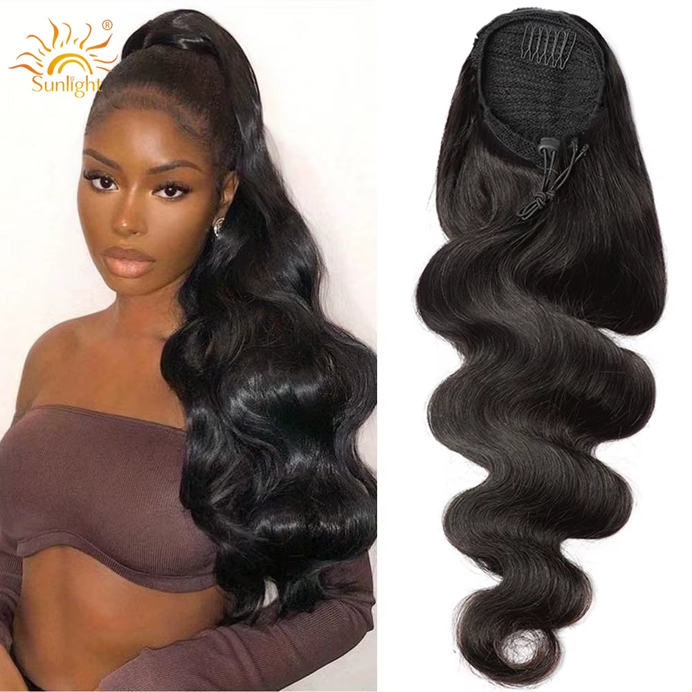 Body Wave Hair Extensions Drawstring Ponytail Brazilia 200% Density Real Human Hair for Women African American Hair Extension