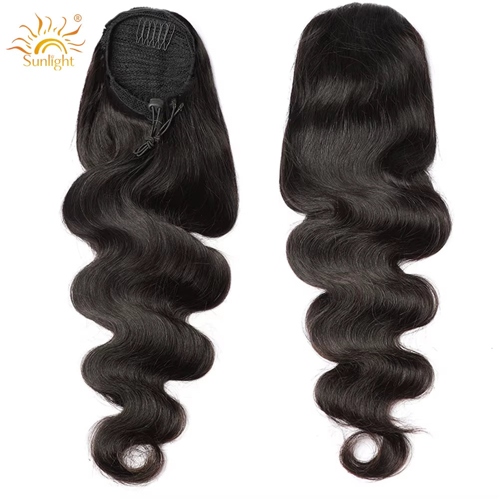 Body Wave Hair Extensions Drawstring Ponytail Brazilia 200% Density Real Human Hair for Women African American Hair Extension