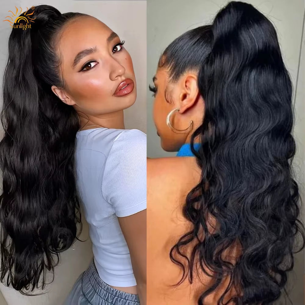 Body Wave Hair Extensions Drawstring Ponytail Brazilia 200% Density Real Human Hair for Women African American Hair Extension